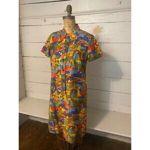VTG 60s Serbin of Florida Novelty Print Dress Mod Psychedelic Asian Garden M L